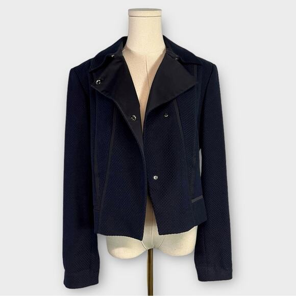 Hugo Boss Jaebina Navy Textured Asymmetrical Moto Blazer Jacket Size US 10 - Picture 1 of 9